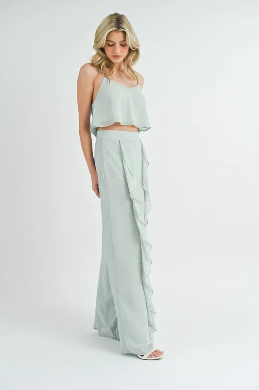 MABLE Crop Cami and Ruffled Wide Leg Pants Set Outfit Sets