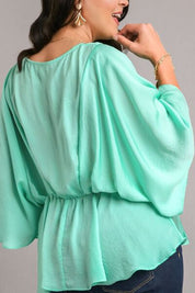 Umgee Full Size Satin Pleated Round Neck Kimono Sleeve Blouse Plus Size Blouses