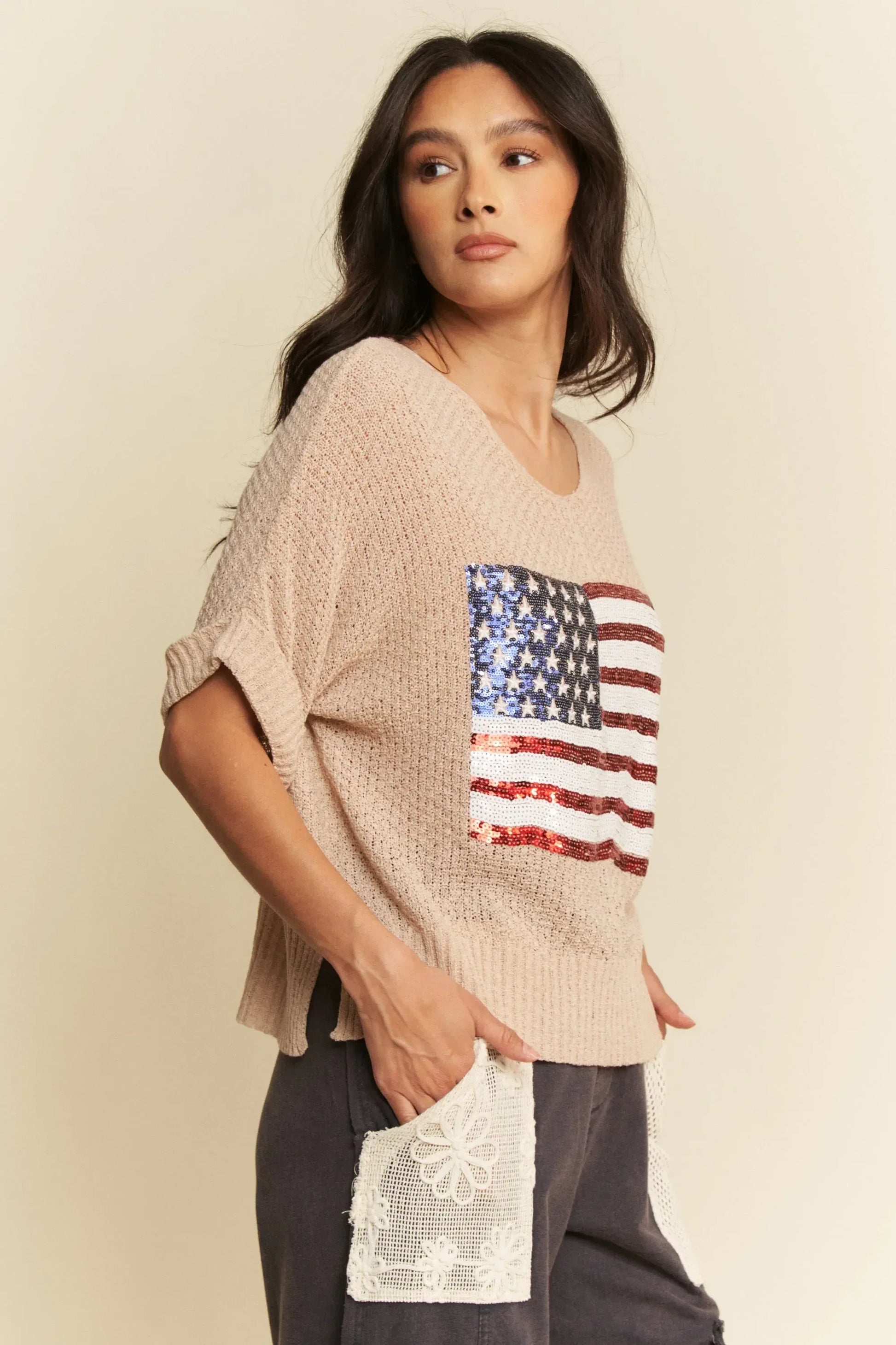 Davi & Dani Sequin American Flag Patch Short Sleeve Knit Top - DAVERRI FASHIONS