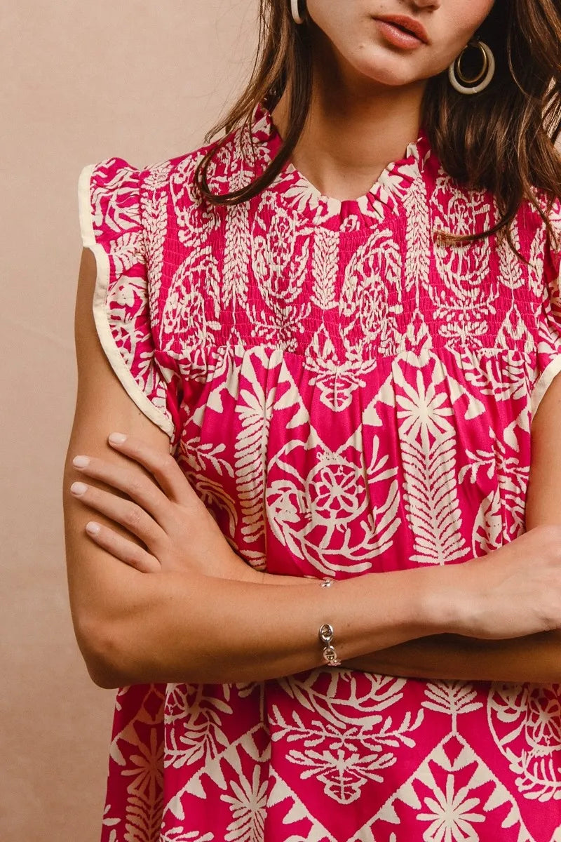 BiBi printed pink ruffle sleeve top with white embroidery and cream trim