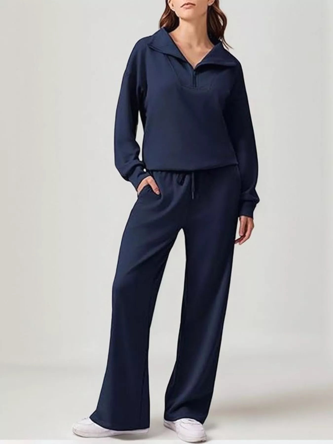 Daverri navy blue zip-neck sweatshirt and wide-leg pants set