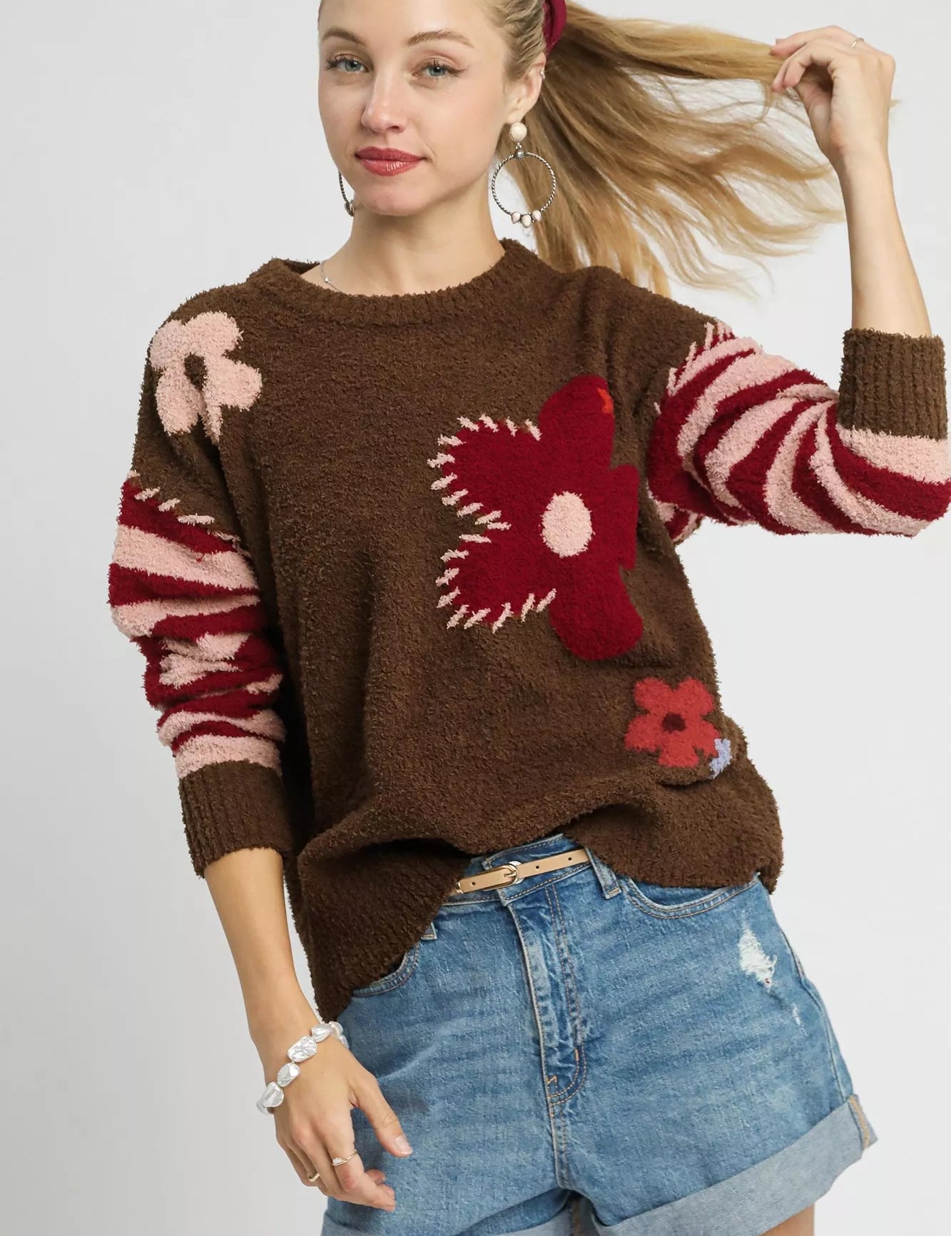 Mocha Umgee Flower Jacquard Striped Long Sleeve Sweater | Sweaters Daverri Fashions