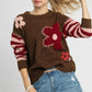 Umgee Flower Jacquard Striped Long Sleeve Sweater - DAVERRI FASHIONS