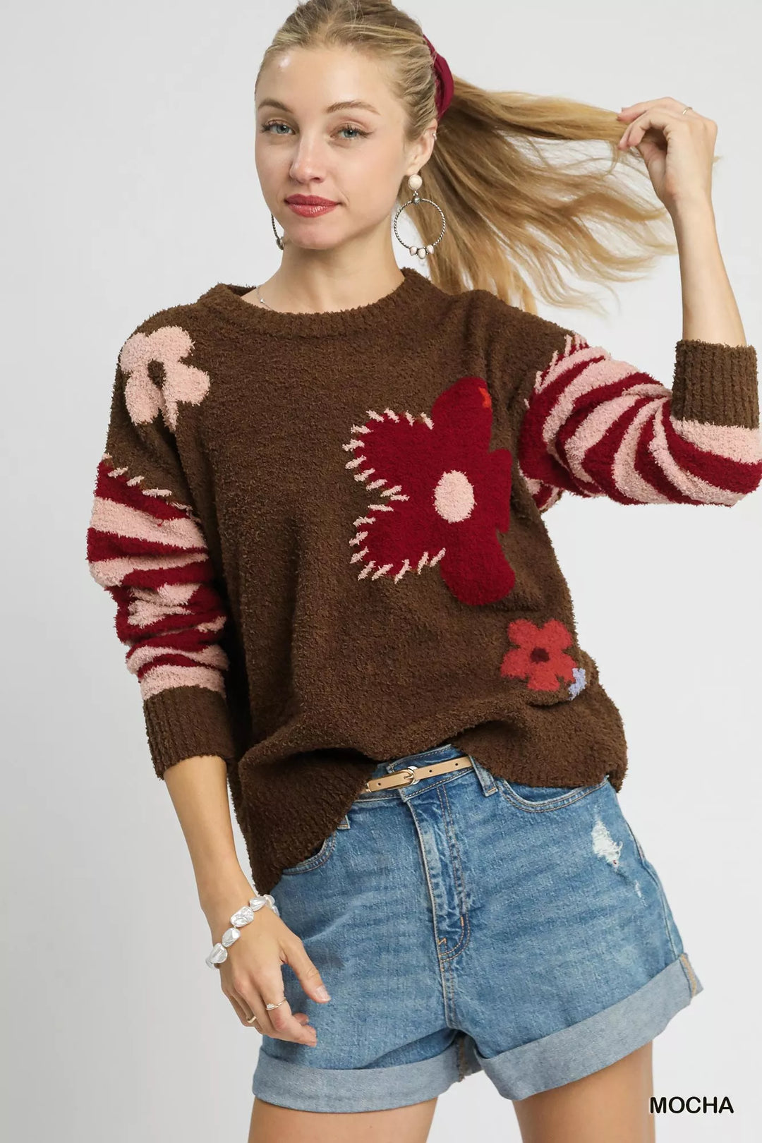 Mocha Umgee Flower Jacquard Striped Long Sleeve Sweater | Sweaters Daverri Fashions