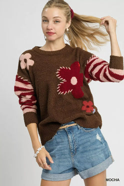 Umgee Flower Jacquard Striped Long Sleeve Sweater - DAVERRI FASHIONS