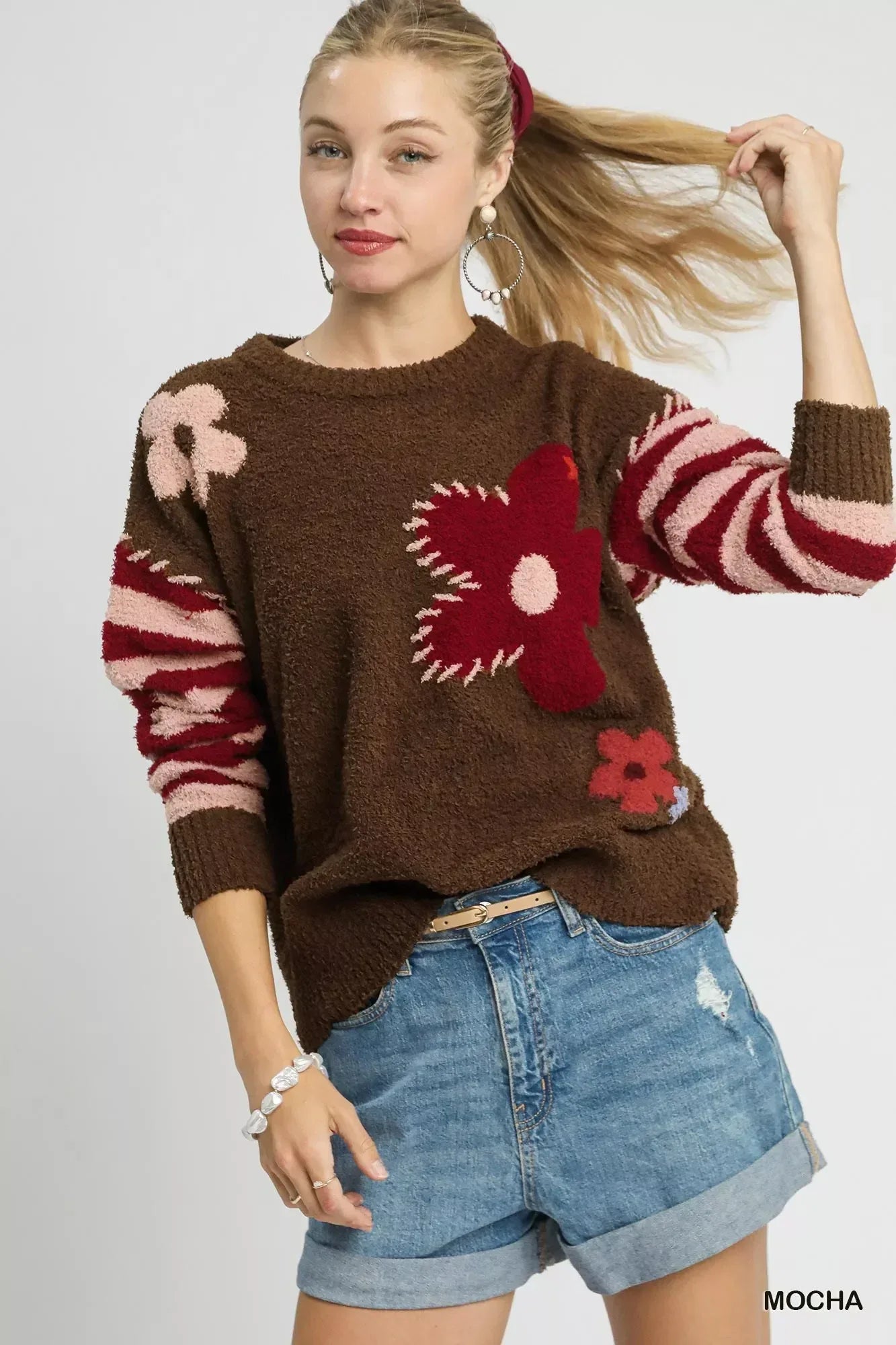 Umgee Flower Jacquard Striped Long Sleeve Sweater - DAVERRI FASHIONS