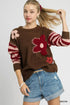 Umgee Flower Jacquard Striped Long Sleeve Sweater - DAVERRI FASHIONS