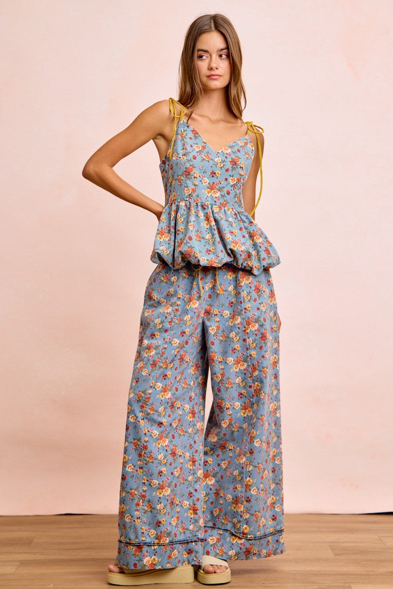 BiBi Floral light blue peplum top with yellow straps and wide-leg pants