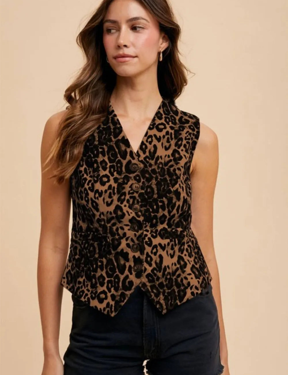 MOCHA Annie Wear Stretch Leopard Denim Button Down Vest | Daverri Fashions