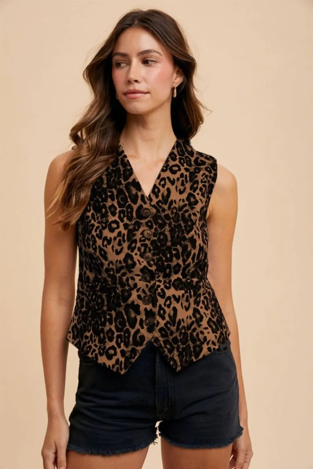 Annie Wear Stretch Leopard Denim Button Down Vest MOCHA