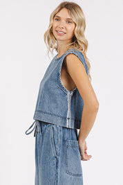 Mittoshop Washed Denim Distressed Detail Crop Tank