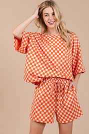 Ces Femme Checkered Round Neck Top and Shorts Set Orange