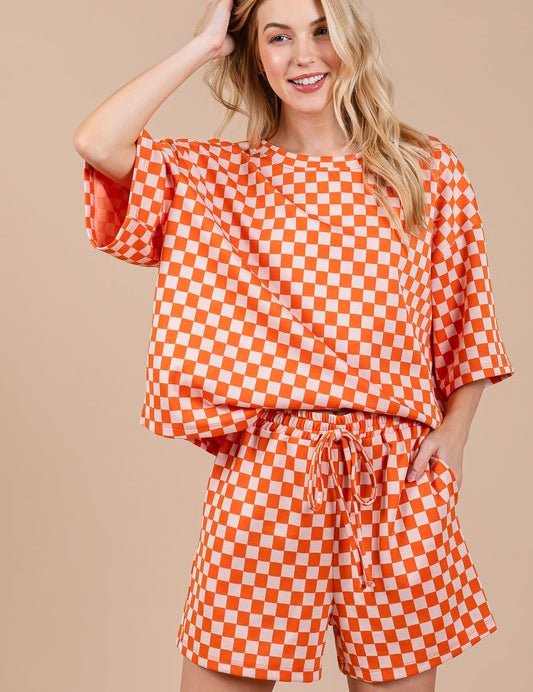 Ces Femme Checkered Round Neck Top and Shorts Set Orange