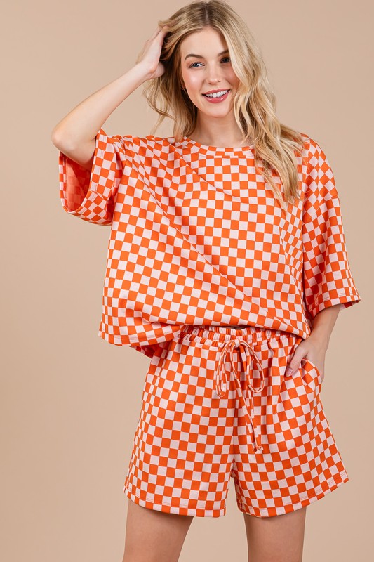 Ces Femme Checkered Round Neck Top and Shorts Set Orange