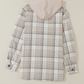 Daverri Plaid Removable Hood Button Up Shacket, beige white plaid with soft lining