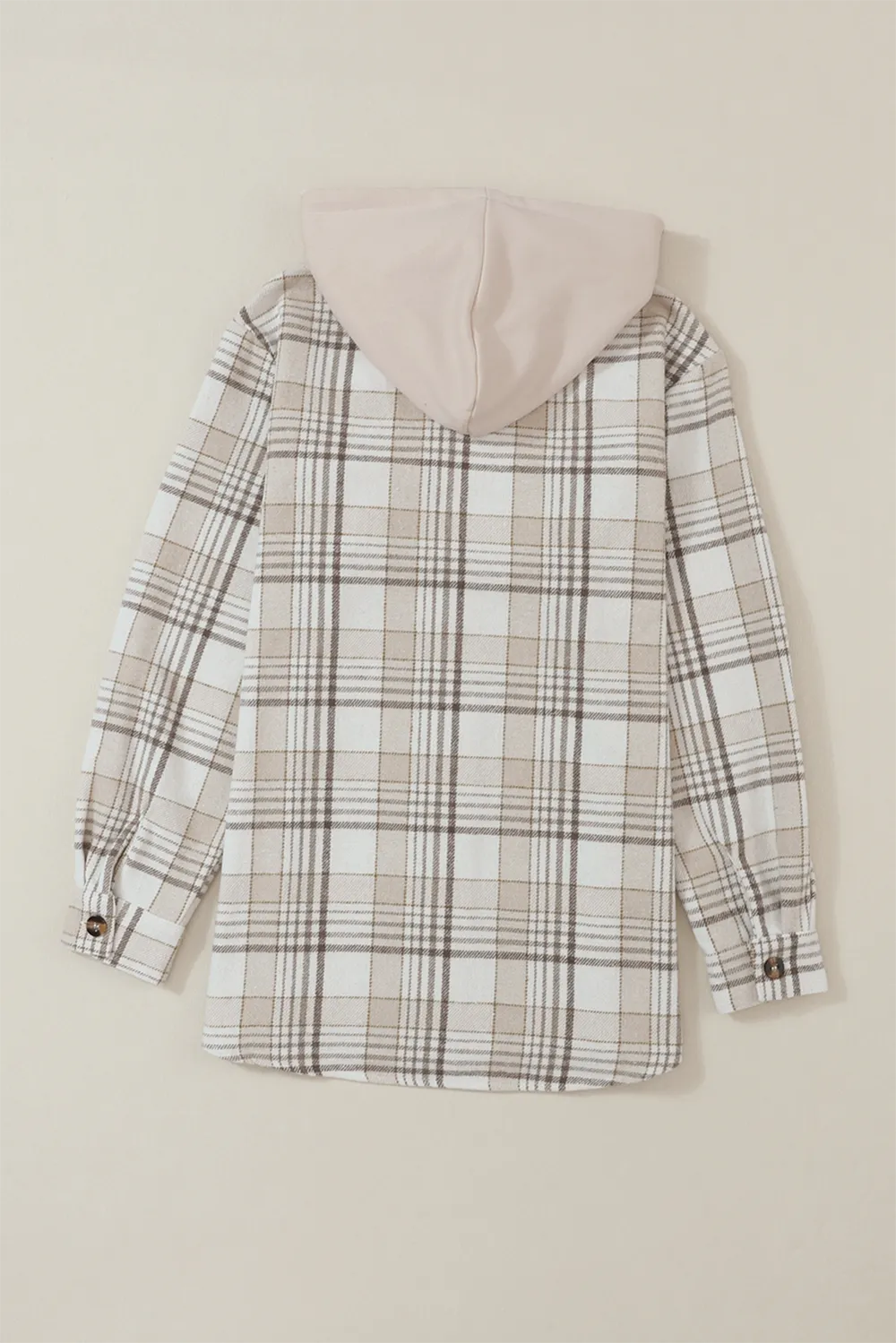 Daverri Plaid Removable Hood Button Up Shacket, beige white plaid with soft lining
