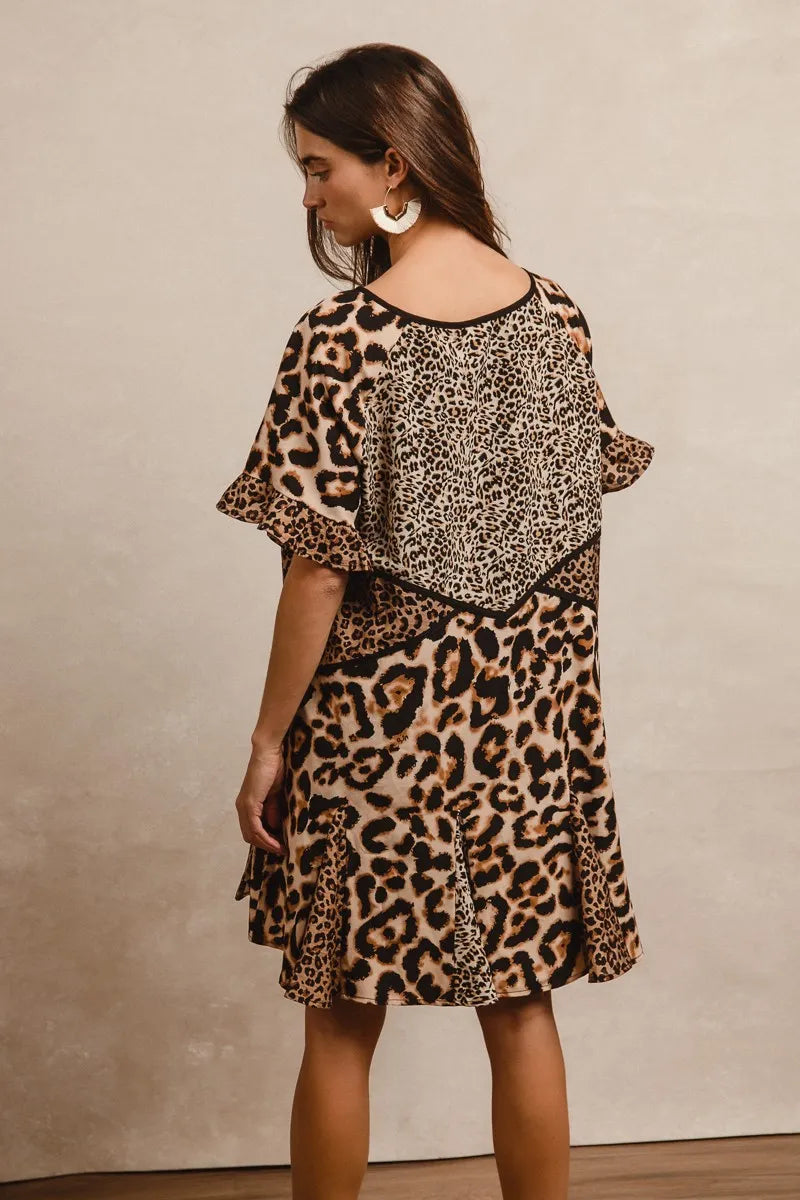 BiBi Leopard Prints Mix and Match Short Sleeves Dress Mini Dresses