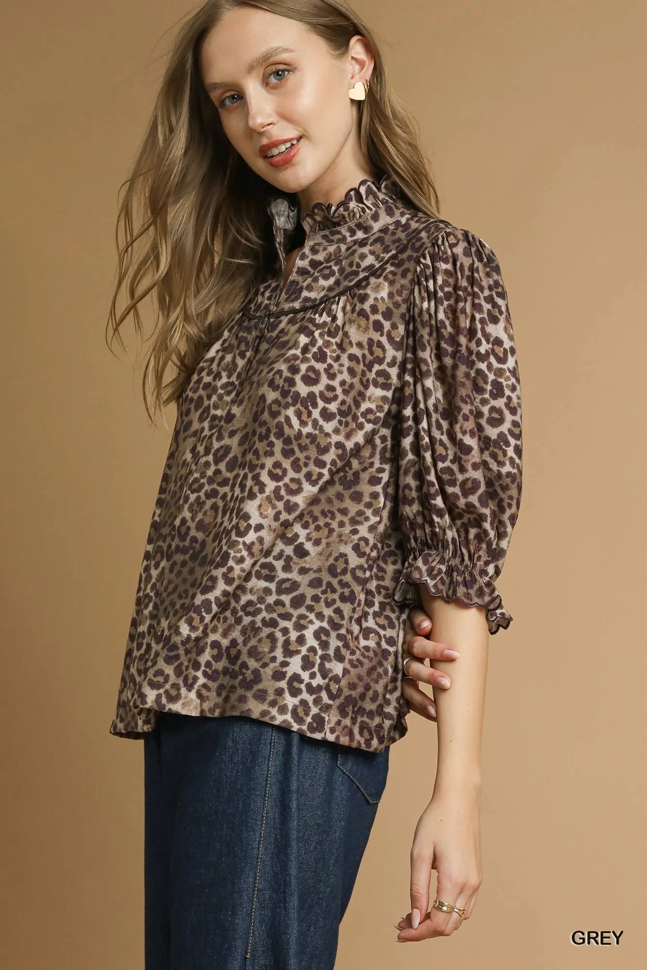 Umgee Leopard Print Ruffle Neck Blouse | Blouses Daverri Fashions