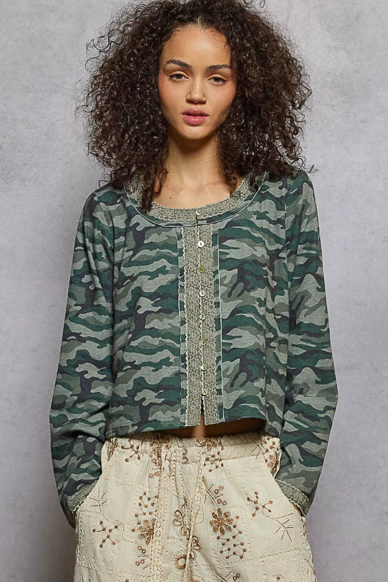 POL Camouflage Print Long Sleeve Top | Blouses Daverri Fashions