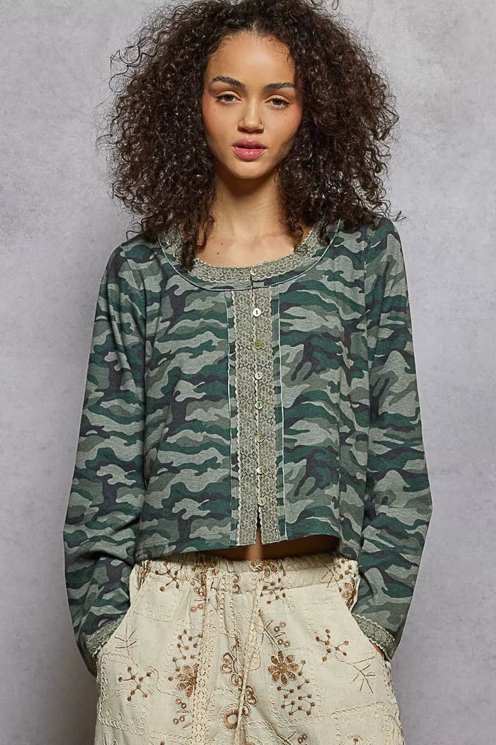 POL Camouflage Print Long Sleeve Top | Blouses Daverri Fashions