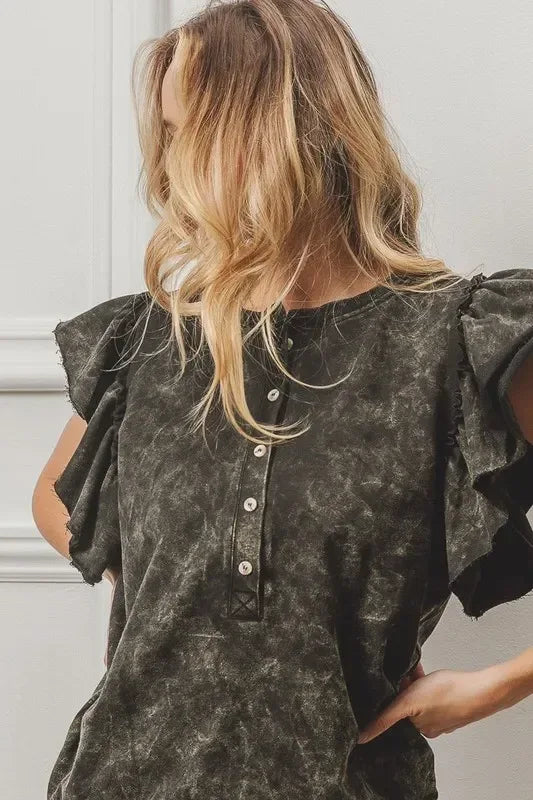 BiBi Mineral Washed Terry Top Charcoal Black - DAVERRI FASHIONS