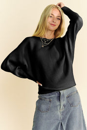 Davi & Dani Round Neck Batwing Sleeve Sweater Black Tops