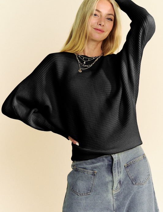 Davi & Dani Round Neck Batwing Sleeve Sweater Black Tops