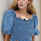 Puff Sleeve Smocked Cropped Denim Top - DAVERRI FASHIONS