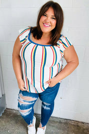 Multicolor Striped Raglan Flutter Sleeve Top | Daverri Fashions