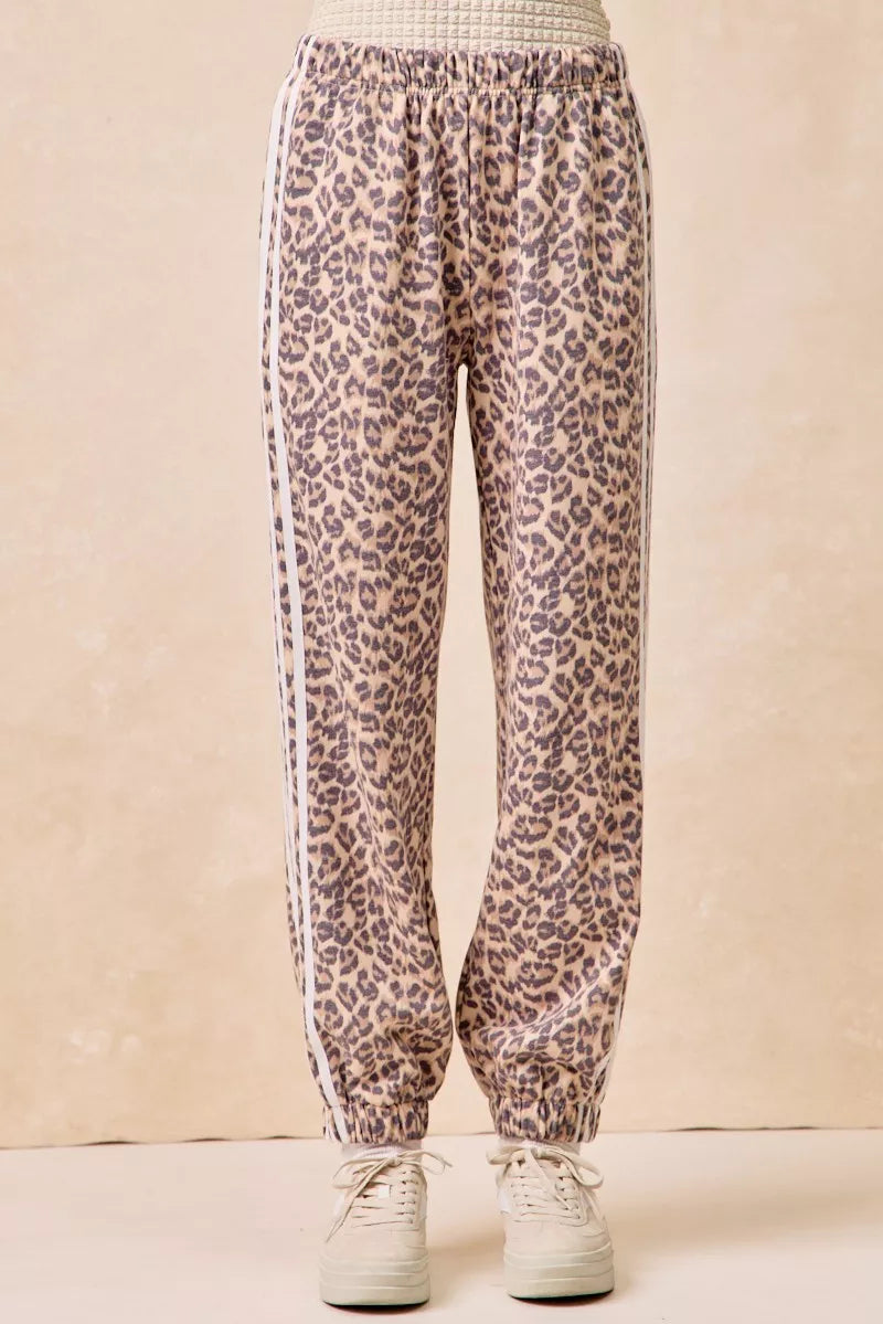 BiBi Side Lines Leopard Track Pants: beige leopard-print joggers with white stripes