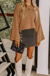 Daverri Fashions Hollowed Detail Wide Sleeve Loose Pullover Sweater - DAVERRI FASHIONS