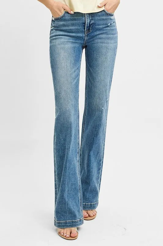 Medium RISEN Full Size Distressed Detail Bootcut Jeans Plus Size | Jeans Daverri Fashions