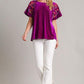 Umgee Full Size Velvet Embroidery Short Sleeve Blouse Blouses