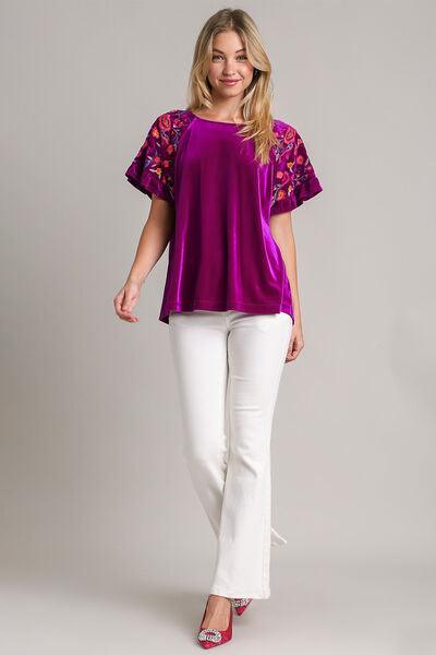 Umgee Full Size Velvet Embroidery Short Sleeve Blouse Blouses