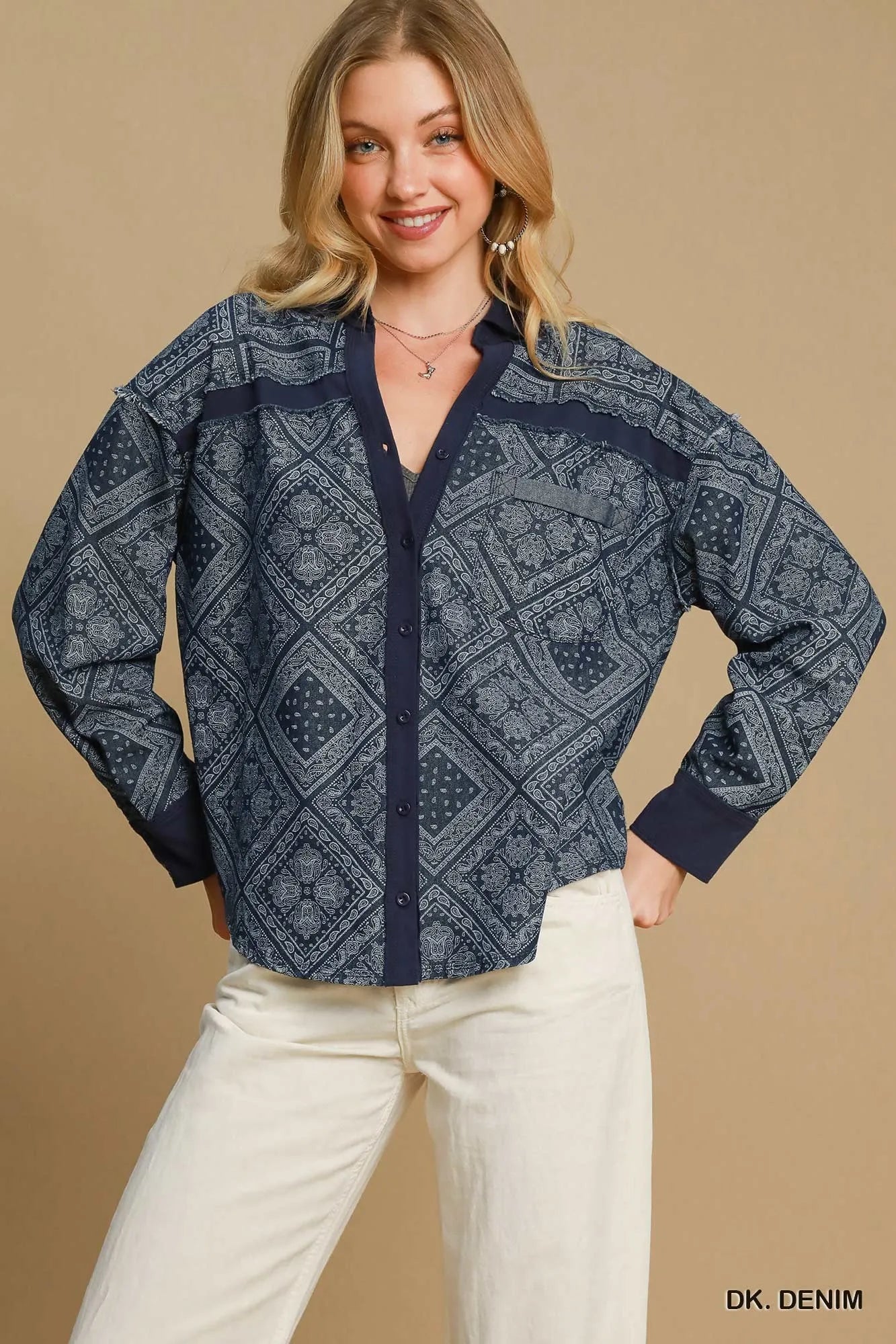 Umgee Paisley Print Denim Shirt Jacket DK. DENIM
