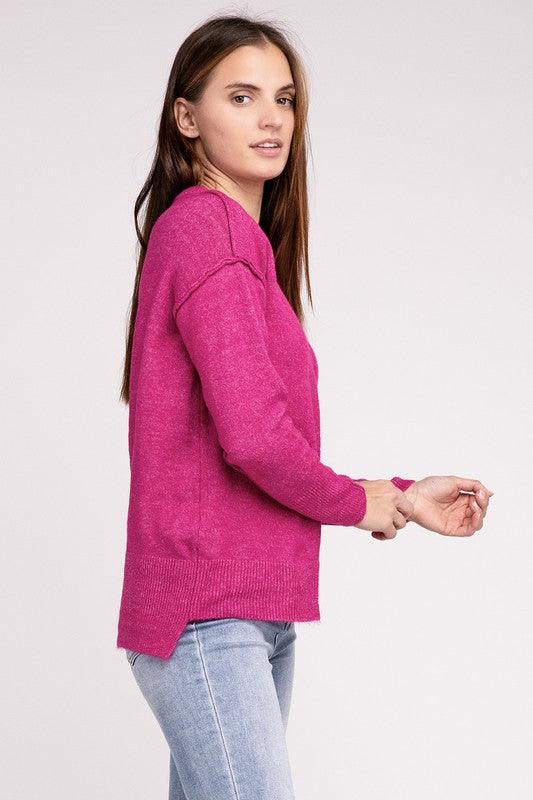 Zenana Hi-Low Hem Round Neck Sweater Sweaters