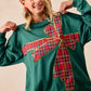 BiBi Plaid Ribbon Bow Detail Christmas Fleece Pullover - DAVERRI FASHIONS