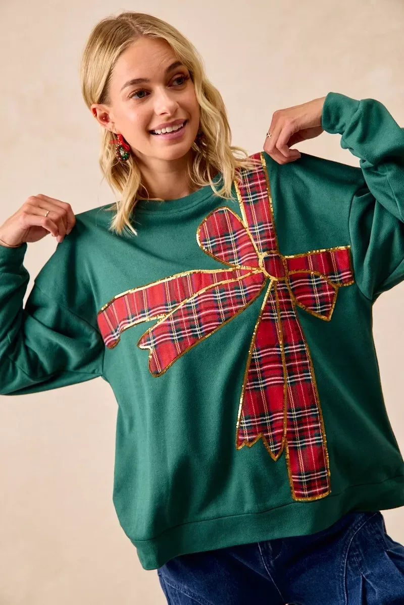 BiBi Plaid Ribbon Bow Detail Christmas Fleece Pullover - DAVERRI FASHIONS