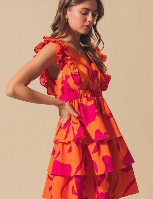 ORANGE FUCHSIA SO ME Floral V Neck Layered Dress with Elasticized Waist | Daverri Fashions