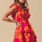 SO ME Floral V Neck Layered Dress with Elasticized Waist ORANGE FUCHSIA