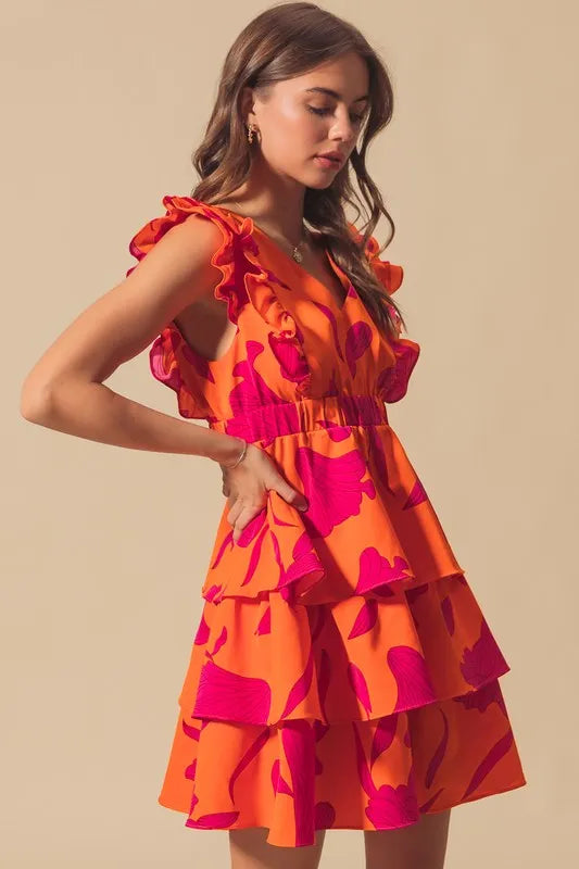 SO ME Floral V Neck Layered Dress with Elasticized Waist ORANGE FUCHSIA