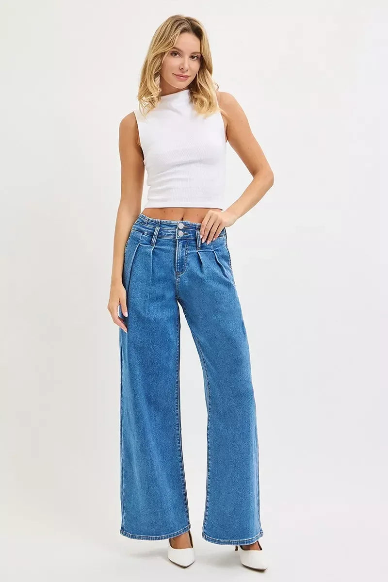 RISEN Full Size Mid Rise Fit Wide Leg with Pleated Detail Jeans Plus Size - DAVERRI FASHIONS