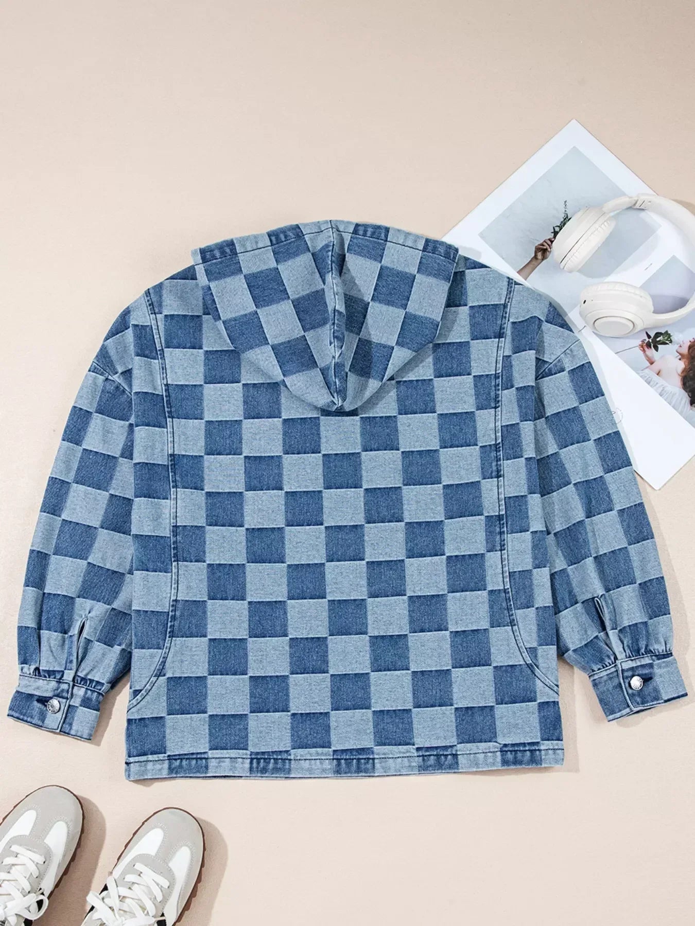 Checkered Half Zip Denim Hoodie Top - DAVERRI FASHIONS
