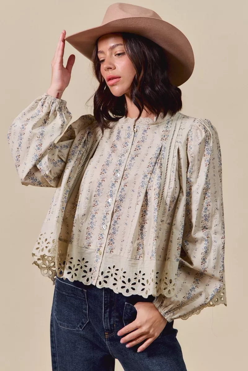 SO ME Floral Print Lace Button Down Shirt | Daverri Fashions