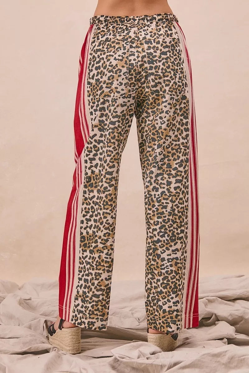 BiBi Leopard Print Pants with red white striped side panels