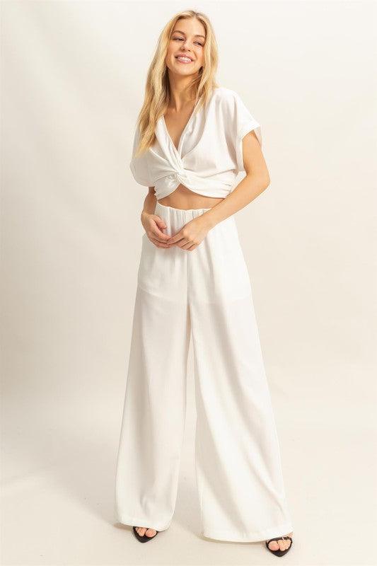 HYFVE Twisted Front Short Sleeve Top and Wide Leg Pants Set Pants