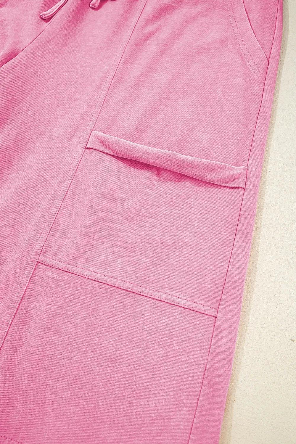 Mineral Wash Exposed Seam Drawstring High Waist Wide Leg Cargo Pants - DAVERRI FASHIONS