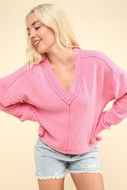 VERY J Exposed Seam V-Neck Ribbed Knit Top Tops