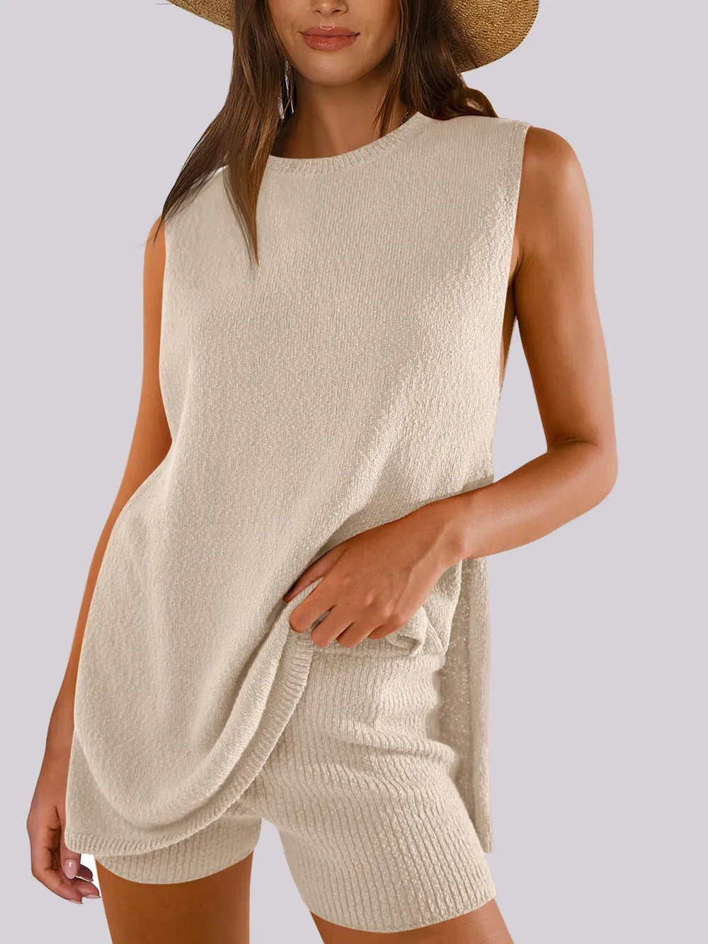 Dust Storm Side Slit Round Neck Tank and Ribbed Shorts Sweater Set | Outfit Sets Daverri Fashions