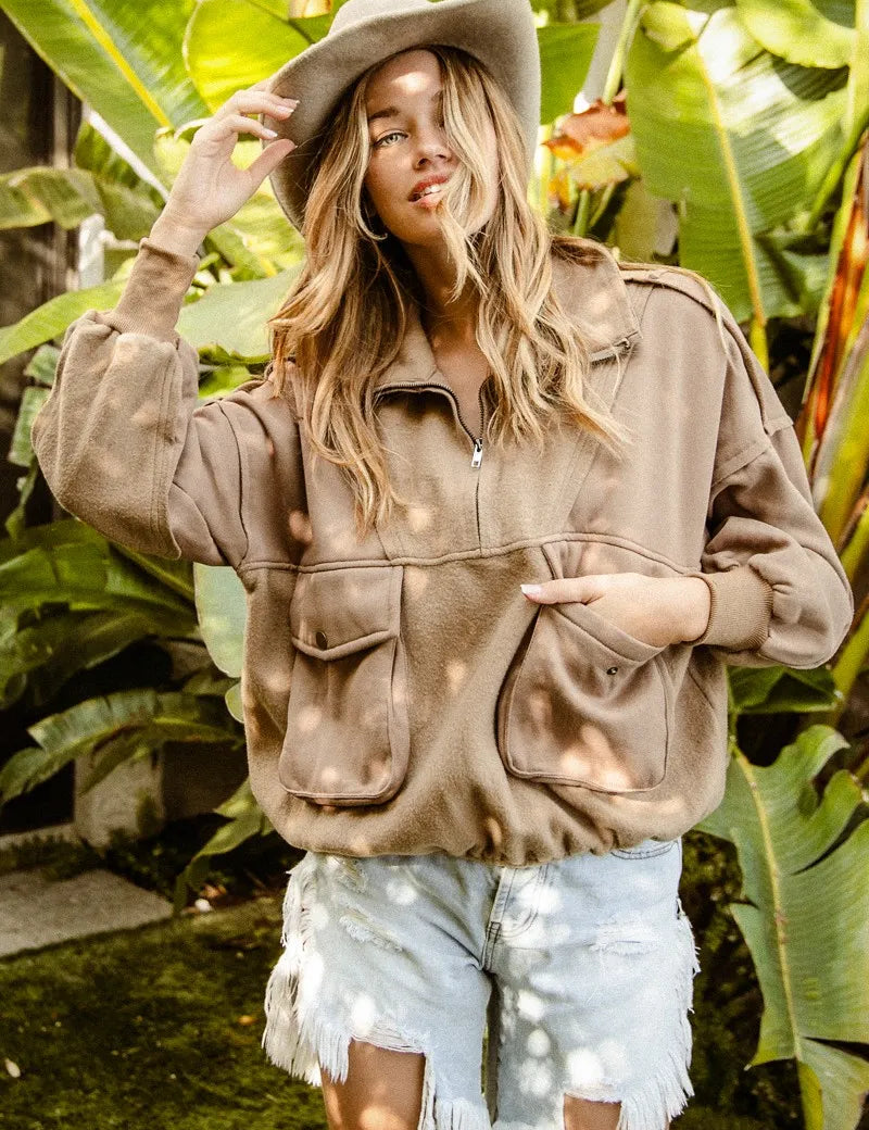 BiBi Half Zip Vintage Washed Fleece Pullover | Outerwear Daverri Fashions